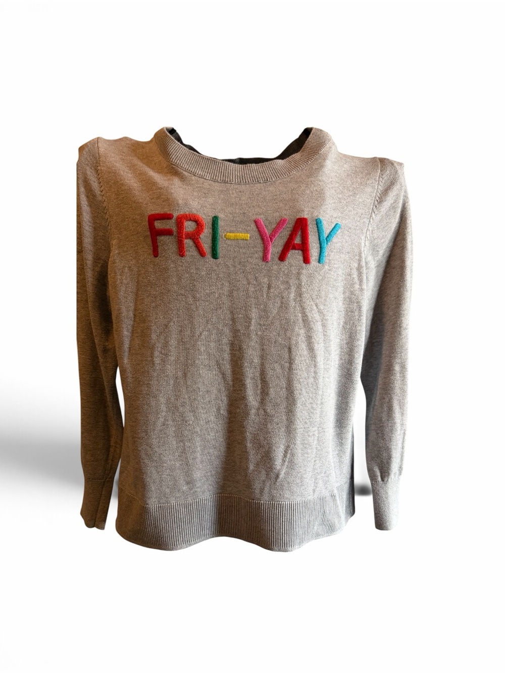 Women’s Size XL - Fri-Yay Crewneck Sweater - Gray with Multi-Color Letters